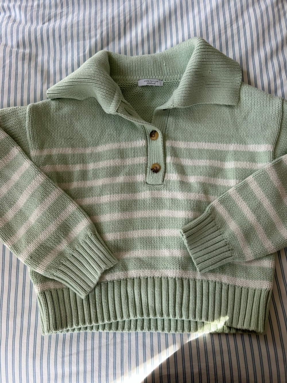 Ann Taylor Mint Green & Cream Striped V‑Neck Polo Sweater